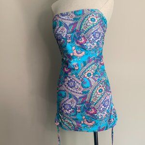 Gossip Girl Turquoise Paisley Drawstring Side Scrunch Swim Top Mini Dress Size L